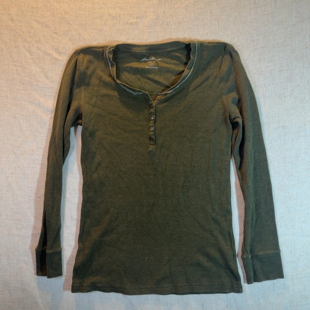 Eddie Bauer Long Sleeve Henley Thermal Ribbed Olive Green Women's Size Large